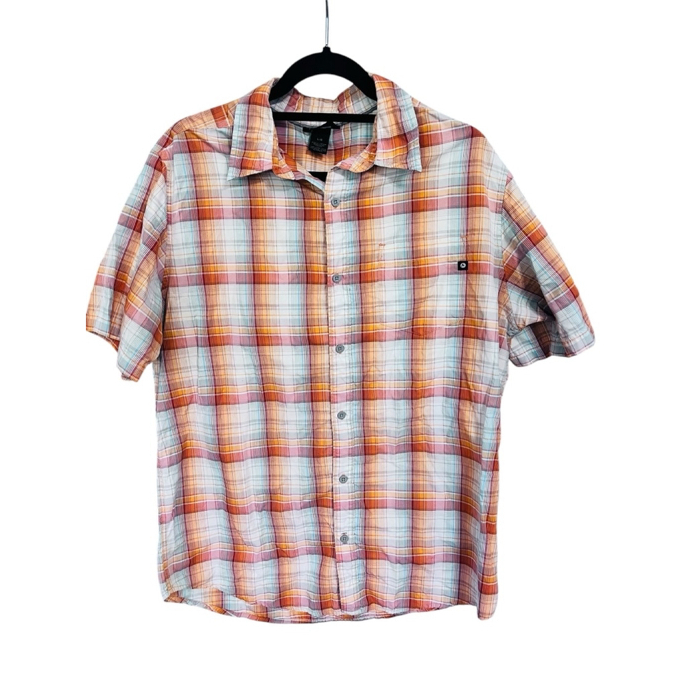 Marmot Short Sleeve Orange Plaid Button Down Shirt Size Large Casual Lightweight